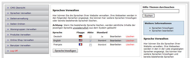 Sprachen Verwalten in albasiba CMS